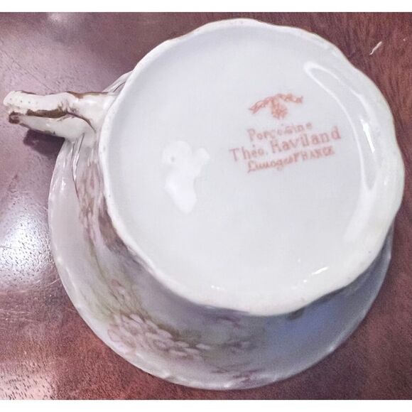 Porcelain Haviland Limoges France tea cup saucer pink green floral gold accent - Picture 10 of 13